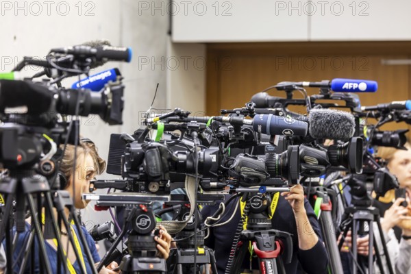 Cameras from various television stations are prepared for a press conference. Stuttgart, Baden-WÃ¼rttemberg, Germany