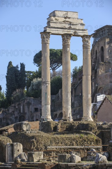 Remaining three pillars of Dioscuri Temple Temple of Castor and Pollux, Roman Forum, Rome, Lazio, Italy
