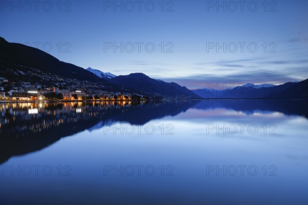 Locarno lake basin at dawn, snow-covered Pizzo Vogorno in the background, Canton of Tessin, Switzerland