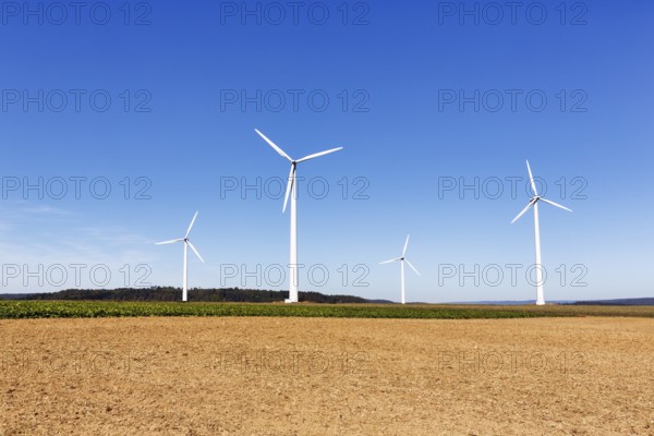 Wind farm, wind turbine, fields, blue sky, GÃ¶ttingen, Germany