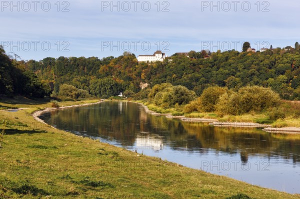 Picturesque landscape with wooded hills and floodplain landscapes, Weser banks, river landscape, FÃ¼rstenberg Castle, Beverungen, Weser Hills, Germany