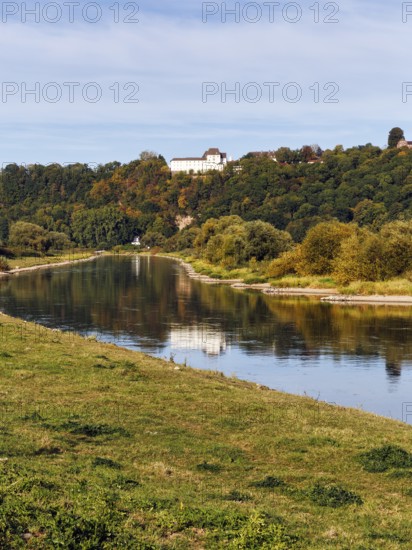 Picturesque landscape with wooded hills and floodplain landscapes, Weser banks, river landscape, FÃ¼rstenberg Castle, Beverungen, HÃ¶xter, Weser Hills, Germany