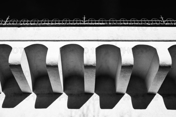 Architectural structures of a bridge with strong shadows in black and white photography, Radolfzell am Lake Constance, Konstanz district, Baden-WÃ¼rttemberg, Germany