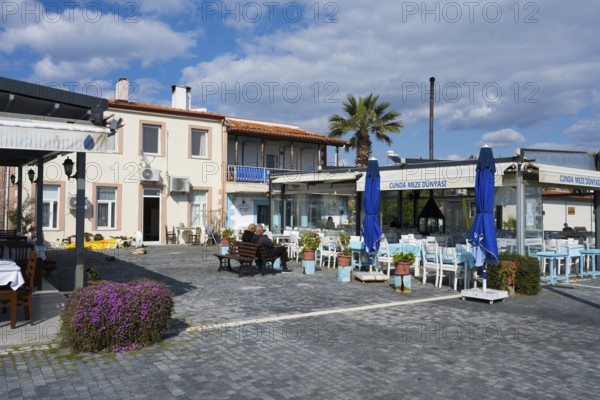 A quiet outdoor restaurant with blue umbrellas and a palm tree, Alibey, Alibey AdasÄ± Island, Cunda AdasÄ±, Ayvalik Islands, Ayvalik, Aegean Sea, Turkey