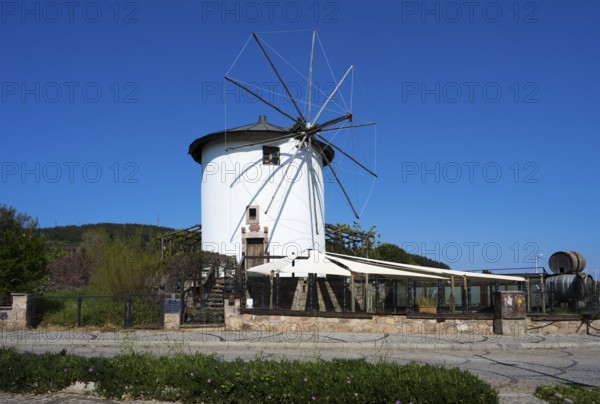 A white windmill with wings in a quiet rural setting under clear skies, Cunda Windmill, Alibey AdasÄ± Island, Cunda AdasÄ±, Ayvalik Islands, Ayvalik, Aegean Sea, Turkey