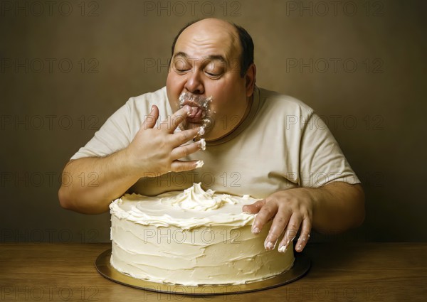 A very fat obese man sits in front of a buttercream cake and licks his fingers off with butter cream, symbolizing obesity, obese, unhealthy, diet, sugar, sweet, sick, illness, fat, obesity, diabetes, diabetic, butter, AI generated, AI generated