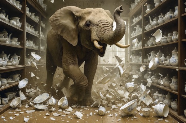 An elephant trumpets through a china shop and destroys porcelain, symbolic image rough, gruff, insensitive, undiplomatic, clumsy, tactless, clumsy, AI generated, AI generated