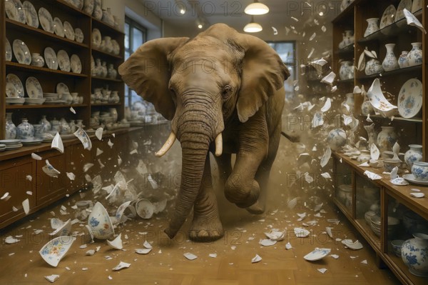 An elephant runs through a china shop and destroys porcelain, symbolic image rough, harsh, insensitive, undiplomatic, clumsy, tactless, clumsy, AI generated, AI generated