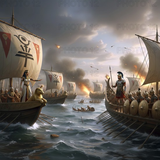 The fleets of Cleopatra and Octavian at the Battle of Actium, symbol image of Mark Antony, Roman Empire, Egypt, Pharaoh, Lovers, Battle, Naval Combat, Galley, Antiquity, Cleopatra, AI generated, AI generated