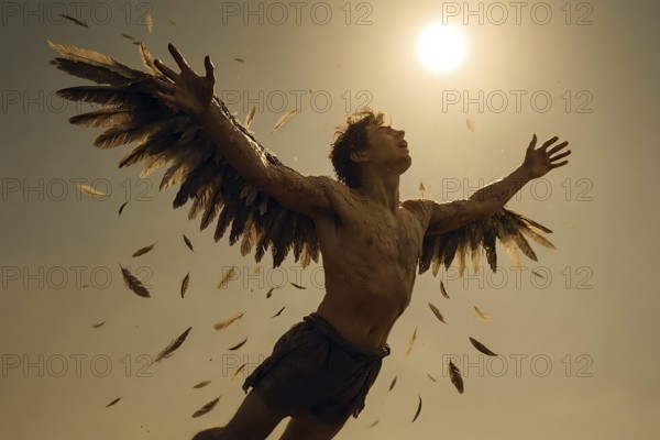 Icarus, also Icaros, flies towards the sun with wings made of wax, the wings melt, Icarus crashes, symbol legend, Greek, mythology, antiquity, Daidalos, flight, fly, AI generated, AI generated
