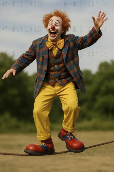 A clown with a clown nose, big shoes and costume balances on a rope, symbolic picture acrobatics, clowning, fun, art, artist, laughter, comedy, comedian, fair, folk festival, performance, AI generated, AI generated