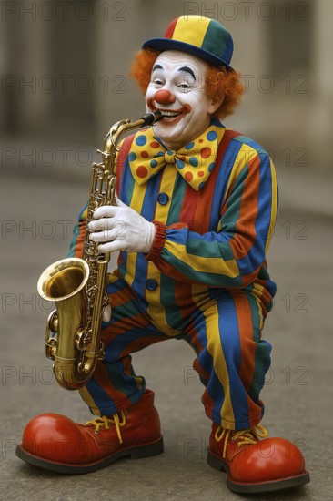 A clown with clown nose, big shoes and costume plays saxophone, symbolic picture acrobatics, clowning, fun, art, artist, laughter, comedy, comedian, fair, folk festival, performance, music clown, music, instrument, AI generated, AI generated