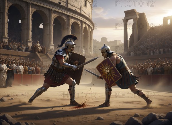 Two gladiators with helmet, shield and sword fight in a Roman arena, symbol ancient, Roman, gladiator fights, Roman Empire, history, combat, sword fighting, AI generated, AI generated