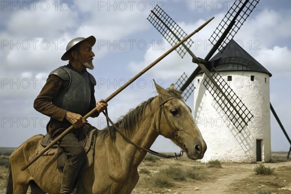 Don Quixote, Don Quixote rides in rusty armor on his rickety horse Rosinante in front of a windmill, symbol of Miguel de Cervantes, world literature, knight, AI generated, AI generated