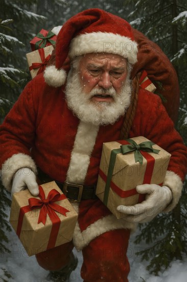 Santa Claus drags a bag full of presents sweating through the snowy forest, symbol Christmas, gift package, giving, abundance, sumptuous, AI generated, AI generated