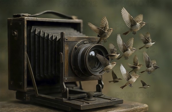 A flock of birds flies out of a camera lens, symbolic image photo, photograph, plate camera, snap, AI generated, AI generated