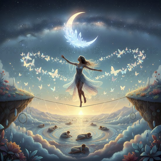 In a dream world, a young woman balances on a rope across an abyss, symbolic image dream, fantasy, fantasy world, dream dancer, dream dancer, enthusiast, fantasize, dreamer, dreamer, surreal, surrealistic, illusionary, AI generated, AI generated