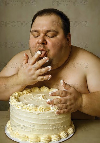 A very fat obese man sits in front of a buttercream cake and licks his fingers off with butter cream, symbolizing obesity, obese, unhealthy, diet, sugar, sweet, sick, illness, fat, obesity, diabetes, diabetic, butter, AI generated, AI generated
