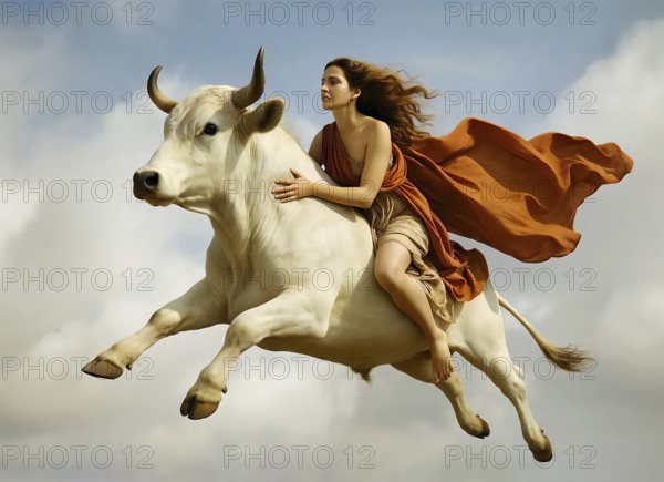 The Phoenician princess Europe is abducted by God Zeus in the form of a white bull, symbolic image Greek, mythology, antiquity, legend, Crete, Minoan culture, AI generated, AI generated