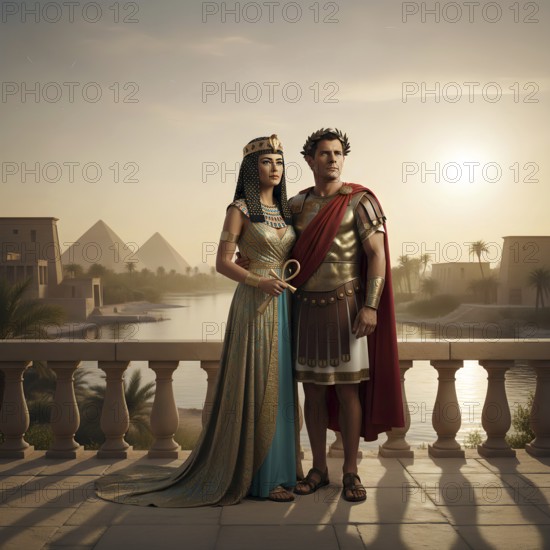 Cleopatra and Mark Antony in front of the pyramids, symbol Mark Antony, Roman Empire, Egypt, pharaoh, lovers, antiquity, Cleopatra, AI generated, AI generated
