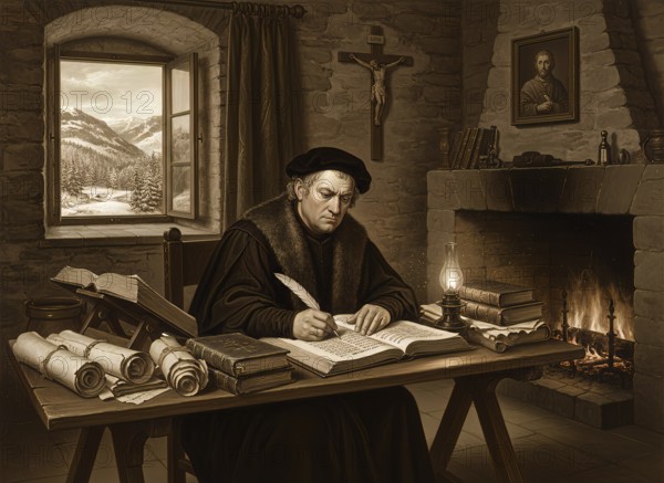 The reformer Martin Luther sits in his study and writes, symbolic image faith, church, Christianity, evangelical, Bible, Bible translation, theology, Reformation, Gospel, Wartburg, AI generated, AI generated