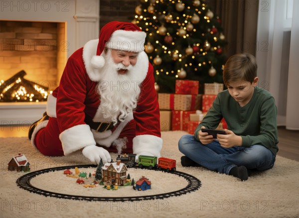 Santa Claus is happily playing with a toy train, a boy looks bored at his cell phone, symbol photo mobile phone, Christmas, gift, Internet, digital media, abuse, boredom, AI generated, AI generated
