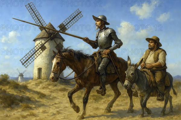 Don Quixote, Don Quixote rides in rusty armor on his rickety horse Rosinante, next to him Sancho Pansa on a donkey in front of a windmill, symbol of Miguel de Cervantes, world literature, knight, AI generated, AI generated