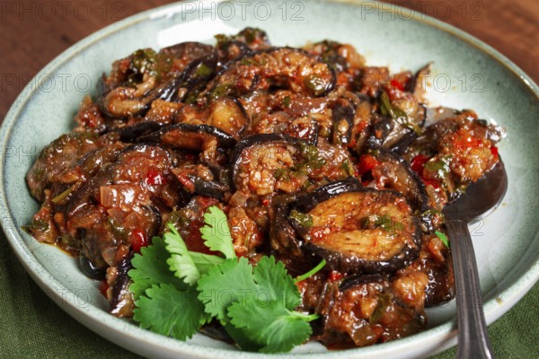 Meat with eggplant, Georgian dish, homemade, no people