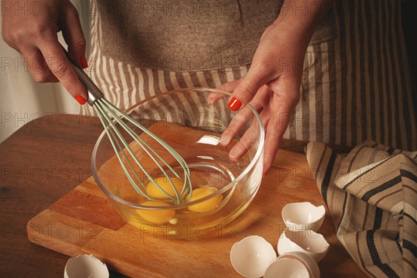 Hands are mixing fresh eggs in a glass bowl with a whisk. Egg shells are scattered on the wooden surface, indicating preparation for a tasty meal