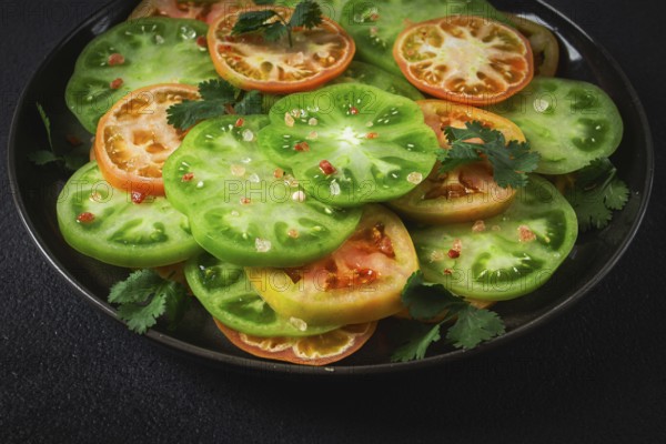 Sliced green tomatoes, on a dark surface, garnished with herbs and salt, top view