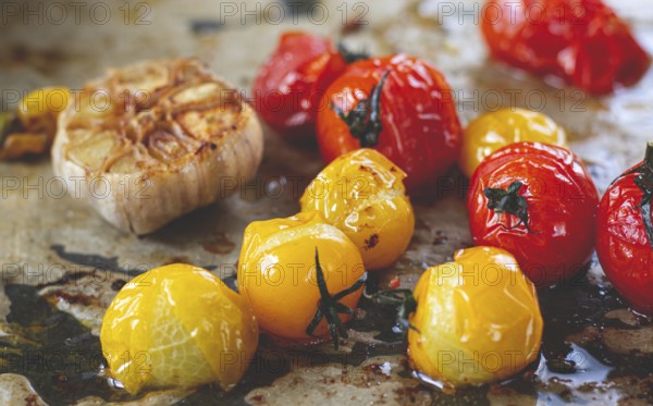 Baked cherry tomatoes, in the oven, on a baking sheet, with olive oil and spices, close-up, selective focus, homemade, no people