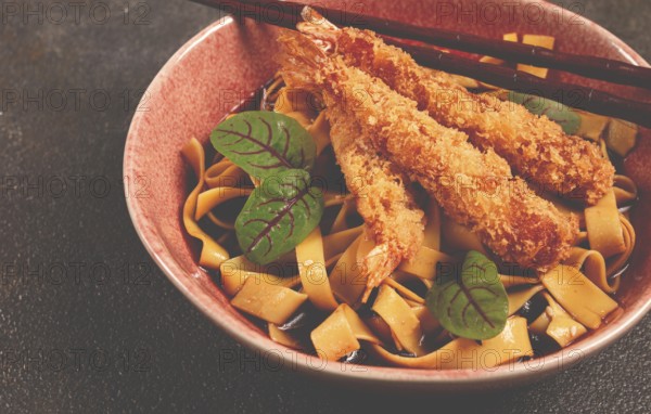 Udon noodles with shrimp in tempura, Japanese cuisine, homemade, no people