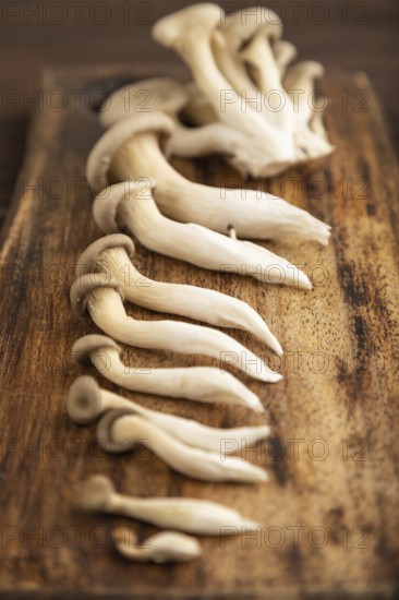 Raw Oyster mushroom, Pleurotus ostreatus on cutting board on brown wooden background. Side view, minimalism, selective focus