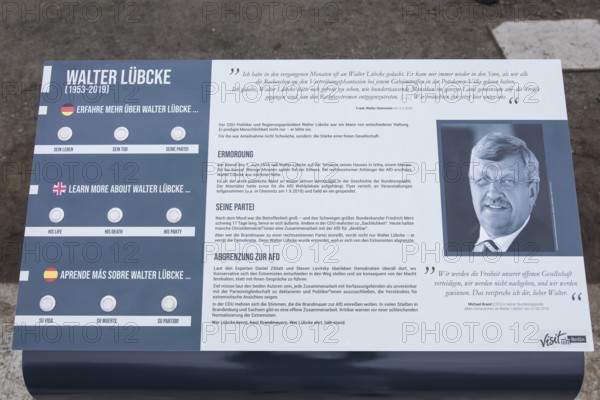 Information board about Walter LÃ¼bcke on Walter LÃ¼bcke Platz in front of the Konrad Adenauer Haus, the party headquarters of the Christian Democratic Union (CDU) on 2 December 2025. The square was erected by the Centre for Political Beauty (ZPS) and approved by the Berlin Mitte district authority for two years. Walter LÃ¼bcke was a member of the Hessian state parliament for the CDU and was murdered by an AfD supporter on 2 June 2019