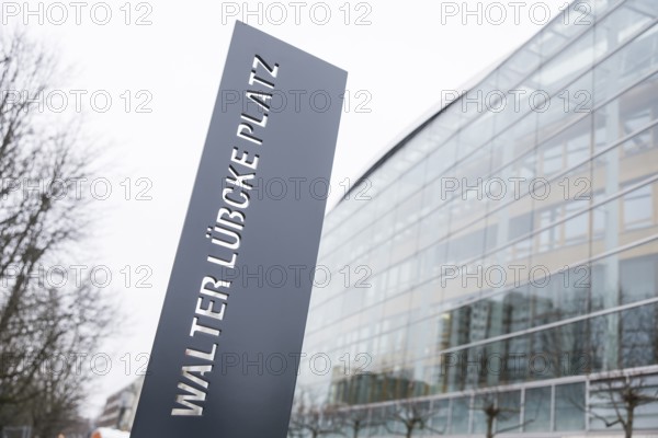 Walter LÃ¼bcke Platz in front of the Konrad Adenauer Haus, the party headquarters of the Christian Democratic Union (CDU) on 02.12.2025. The square was erected by the Centre for Political Beauty (ZPS) and approved by the Berlin Mitte district authority for two years. Walter LÃ¼bcke was a member of the Hessian state parliament for the CDU and was murdered by an AfD supporter on 2 June 2019