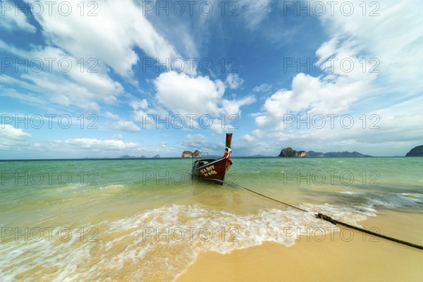 Longtail boat on the beach, Koh Ngai island, Andaman Sea, Satun province, southern Thailand, Thailand
