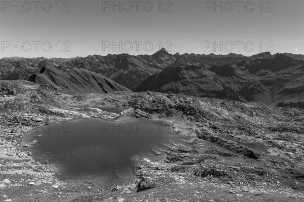 Mountain panorama over Laufbichlsee, behind it the Hochvogel, 2592m, AllgÃ¤u Alps, AllgÃ¤u, Bavaria, Germany
