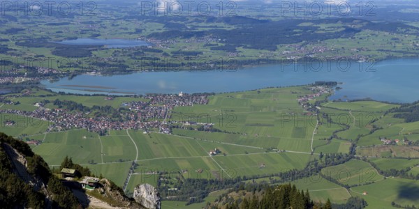 Panorama from Tegelberg, 1881m, on Schwangau, Waltenhofen, Hopfensee and Forggensee, OstallgÃ¤u, Bavaria, Germany