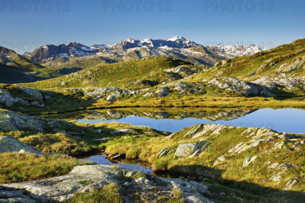 View of the Grimsel Pass with the Ticino Alps and Corno Cieco in the background, Switzerland