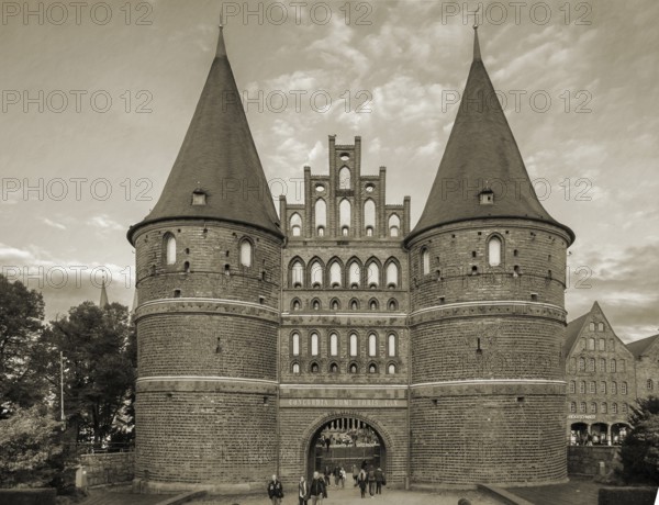 Holstentor, historic city gate from 1478, Sepia, Holstentorplatz, Hanseatic City of LÃ¼beck, Schleswig-Holstein, Germany