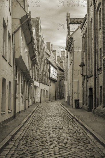 Alley of LÃ¼beck's old town with historic houses, Sepia, Seventh QuerstraÃŸe, Hanseatic City of LÃ¼beck, Schleswig-Holstein, Germany