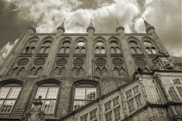 Part of the town hall, built around 1240, Sepia, Hanseatic City of LÃ¼beck, Schleswig-Holstein, Germany