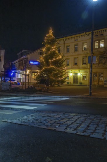 An illuminated tree in front of a building and across a paved road, Aidlingen, Böblingen district, Germany