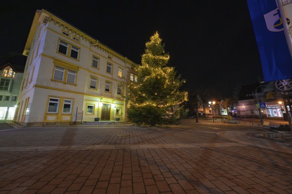 A brightly lit Christmas tree in front of a historic building at night, Aidlingen, Böblingen district, Germany