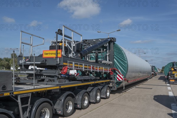 Heavy-duty transporter with a part of a wind turbine, at a motorway rest area of the A9, Mecklenburg-Western Pomerania, Germany