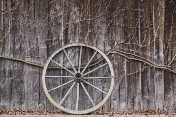 Old wagon wheel leaning against a barn wall, MÃ¼nsterland, North Rhine-Westphalia, Germany