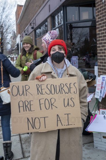 Saline, Michigan USA - 1 December 2025 - Rural Michigan residents rally against the $7 billion Stargate data center planned on southeast Michigan farm land. Protesters say the Data Center is being fast tracked by DTE Energy, the large electric utility, and that it could raise residential electricity rates and endanger the water supply