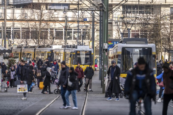 Trams at Alexanderplatz in Berlin, passers-by, Germany
