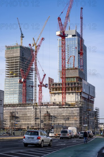 Construction site of the Covivio skyscraper in front, in the vicinity of Alexanderplatz in Berlin, mixed use of apartment, offices, retail and a daycare center, the high-rise construction site of The Berlinian office high-rise building in the back, Germany