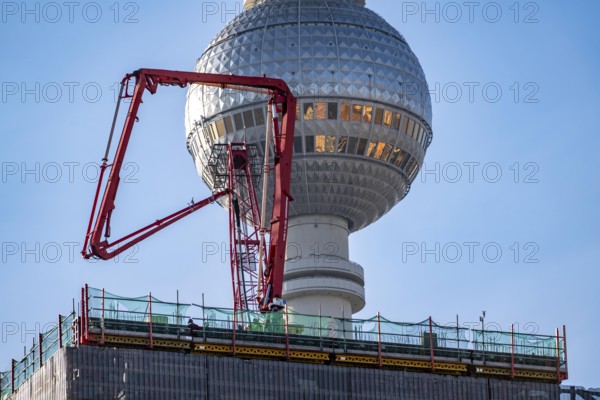 Construction site of the Covivio high-rise building in the vicinity of Alexanderplatz in Berlin, mixed use of apartment, offices, retail and a daycare center, Berlin TV Tower dome, Germany